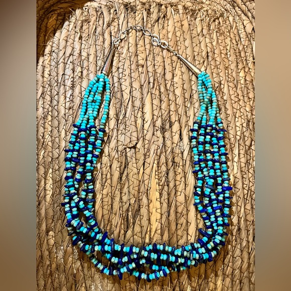 Navajo lapis and Turquoise Beaded multi chain Necklace sterling silver